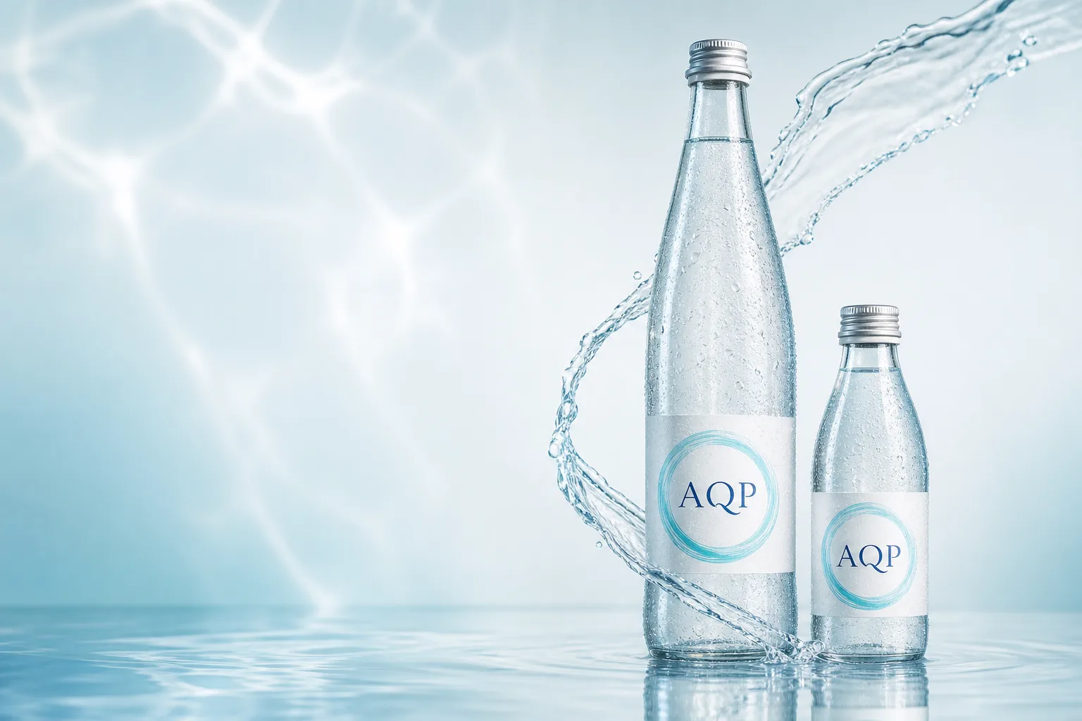 Two premium AQP water bottles standing on a reflective water surface